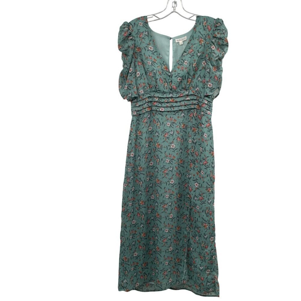 By The River Floral Midi Dress Short Sleeve V-Neck Multicolor Size Medium